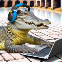 DALL·E 2022-09-25 11.15.32 - Photo of a crocodile with headphones on a laptop in ancient Egypt