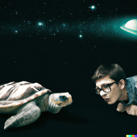 DALL·E 2022-09-25 11.26.14 - nerd with glasses starring at a turtle in space
