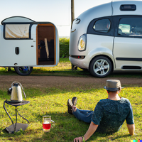 DALL·E 2022-12-29 22.03.00 - photo of an electro car charged by a caravan with tent in the front an a man sitting nearby drinking beer